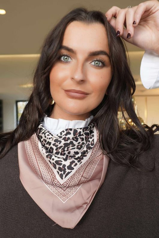 Leopard & Tile Border Triangle Silk Neckerchief Almond